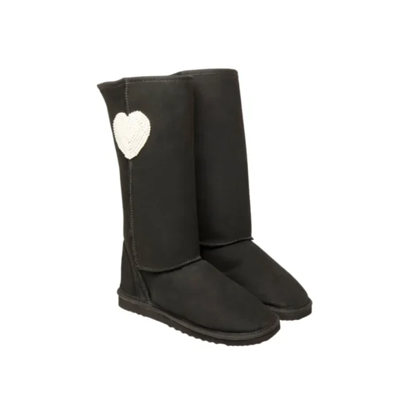 Pearl Heart Tall Ugg Boots Premium Double Face Sheepskin Leather Black