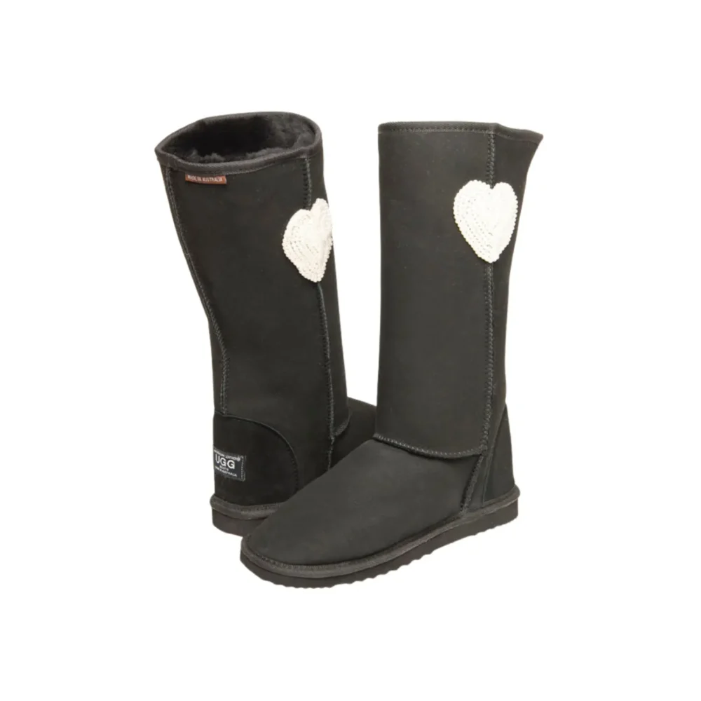 Pearl Heart Tall Ugg Boots Premium Double Face Sheepskin Leather Black1