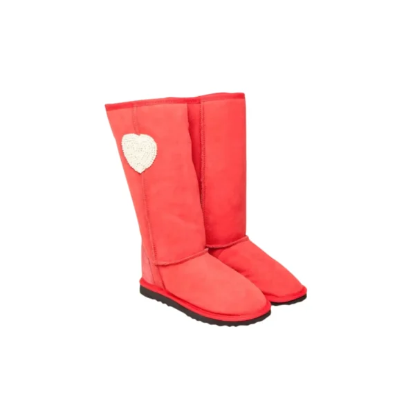 Pearl Heart Tall Ugg Boots Premium Double Face Sheepskin Leather Tomato