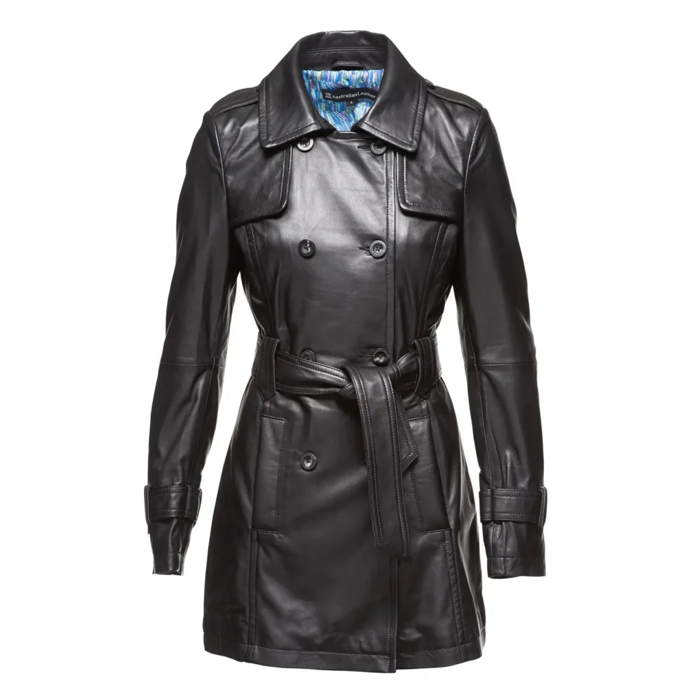 Georgia Ladies Leather Trench Coat Australian Leather BLACK